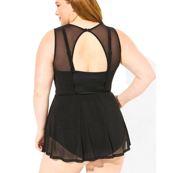 Torrid 2 Bra Cup DD/F Black Underwire Long‎ Mesh Overlay Swim Dress w/Briefs New - Picture 3 of 4